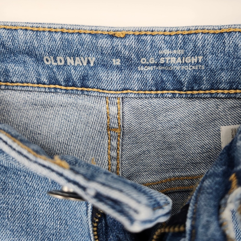 Old Navy Womens OG Straight Jeans Size 12 Distressed Raw Hem High Rise Denim - Picture 5 of 8